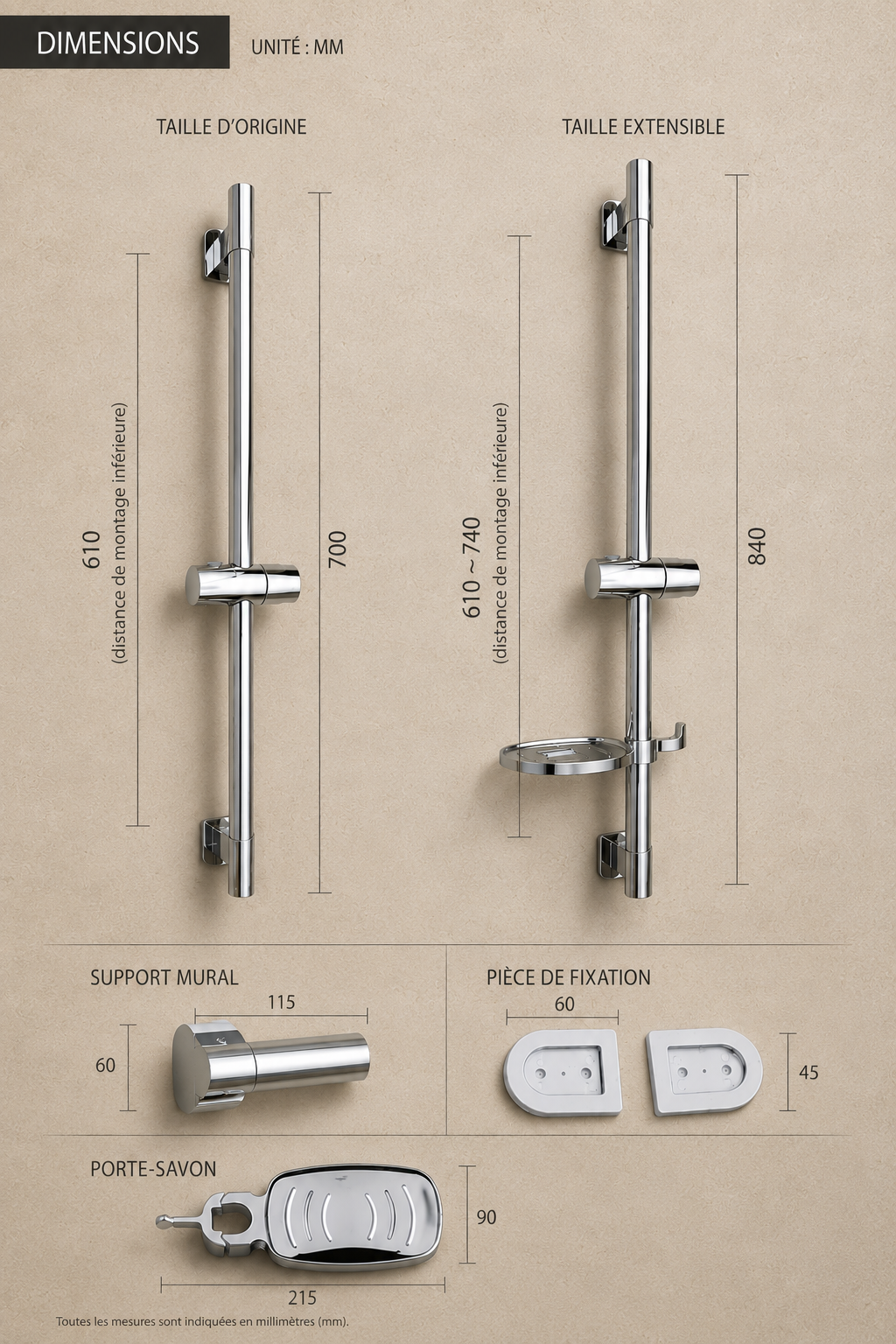 Barre de douche coulissante chrome à tablette ronde Span