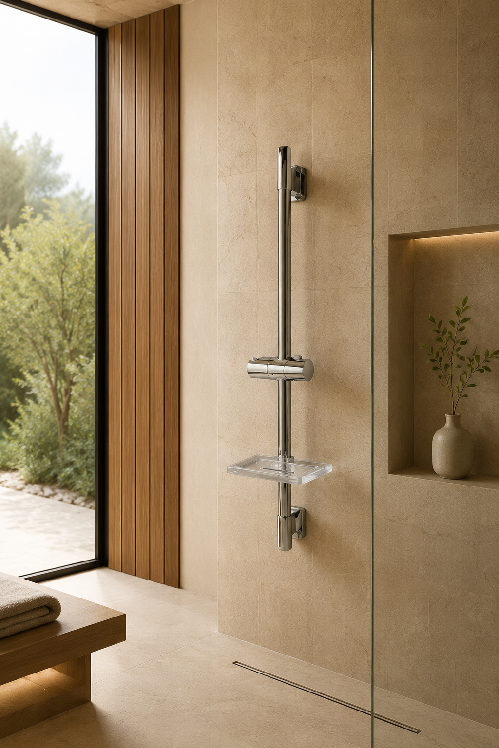Barre de douche coulissante chrome à tablette rectangulaire Span