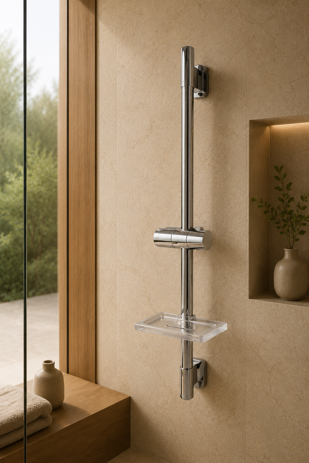 Barre de douche coulissante chrome à tablette rectangulaire Span