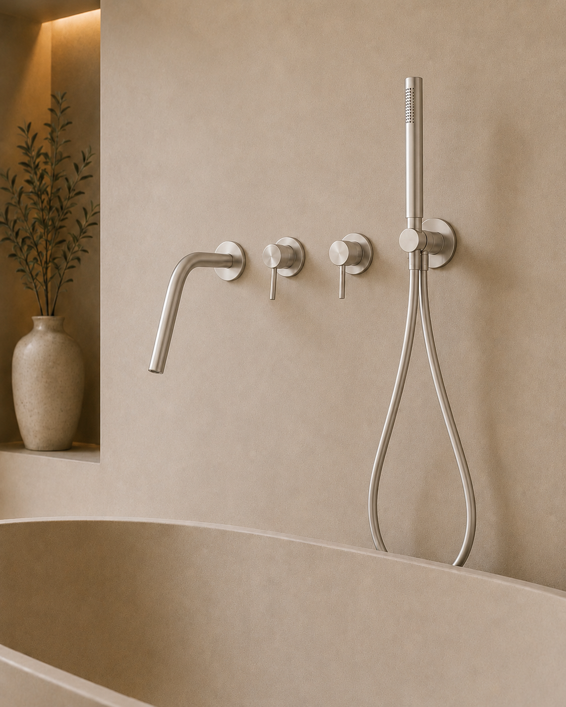 Ensemble bain-douche mural bec long nickel brossé RIVA, visuel 3