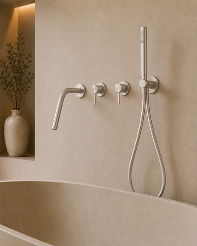 Ensemble bain-douche mural bec long nickel brossé RIVA, visuel 3
