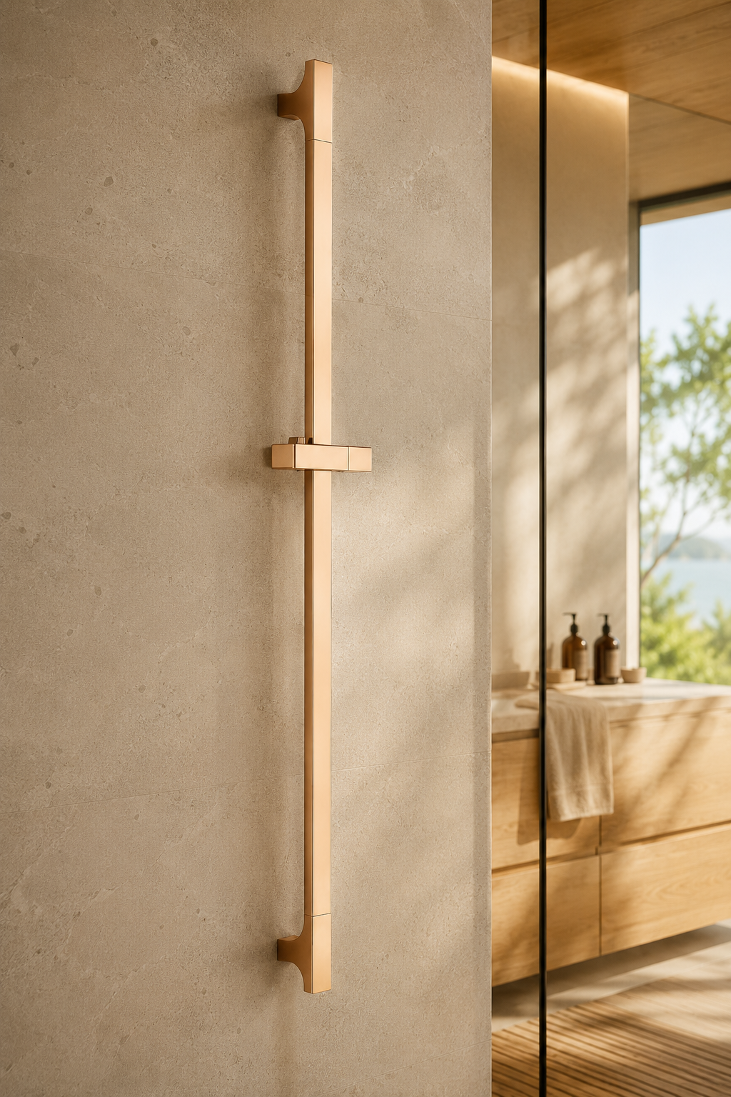 Barre de douche coulissante réglable or rosé Span, vue de profil