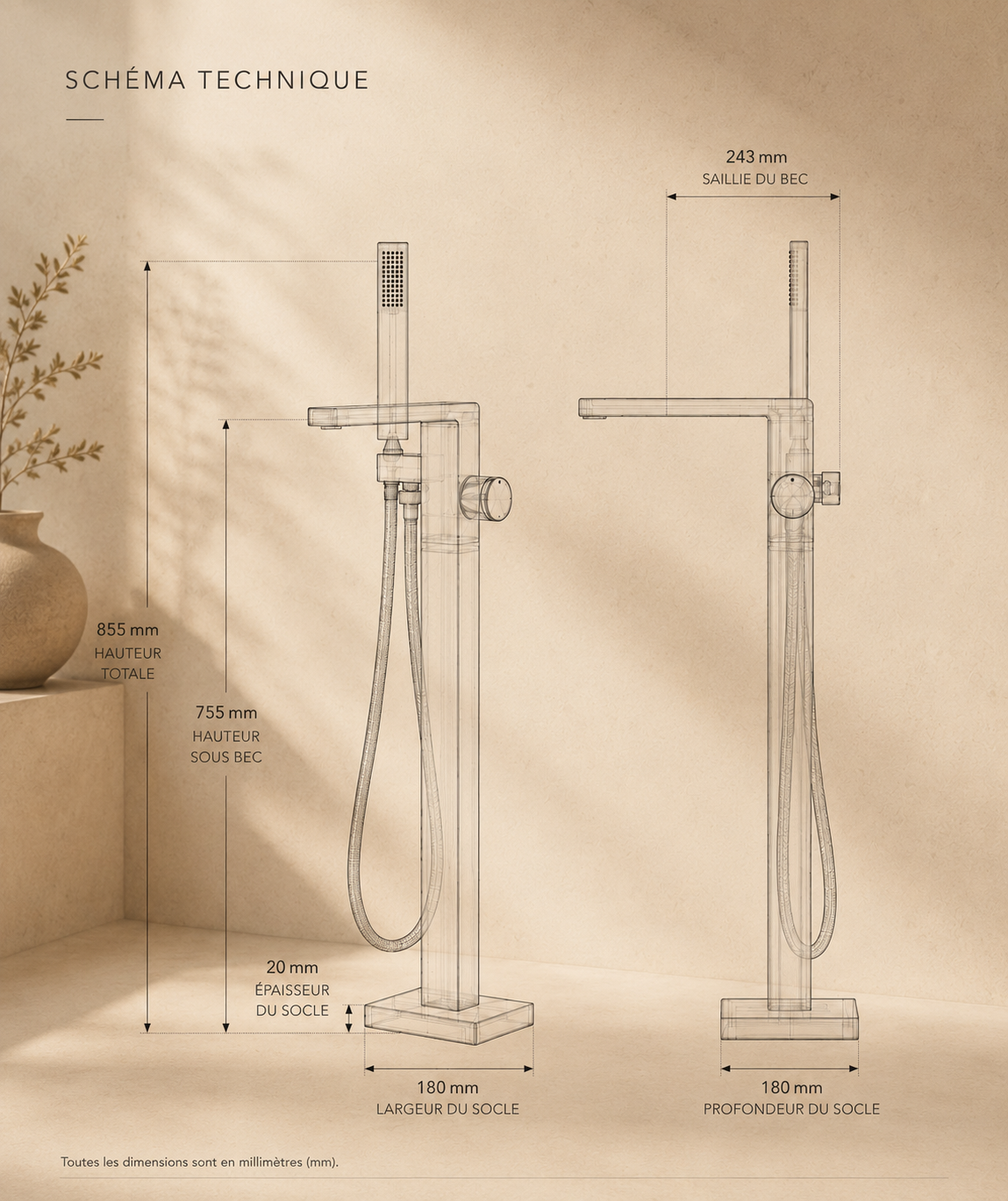 Robinet de baignoire sur pied STÈLE, schéma des dimensions