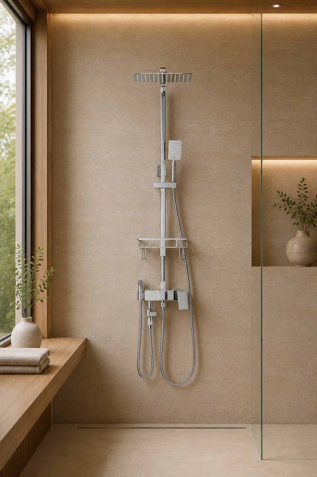 Colonne de douche avec mitigeur Valdis chrome 25 cm avec douchette hygiénique, vue de face