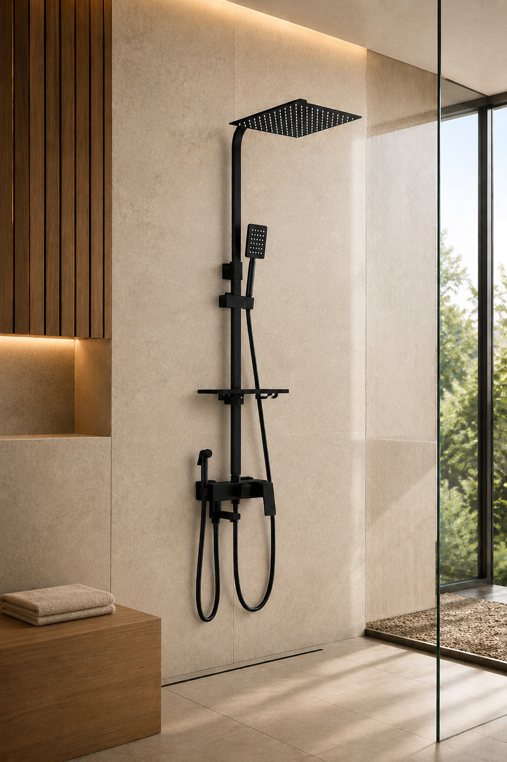 Colonne de douche avec mitigeur Valdis noir mat 30 cm, vue de profil