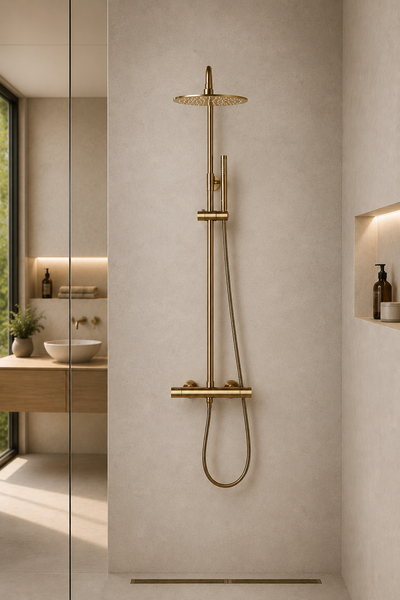 Colonne de douche thermostatique or brossé Vanta 25 cm, vue de face