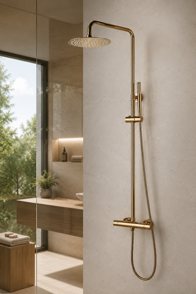 Colonne de douche thermostatique or brossé Vanta 25 cm, vue de profil