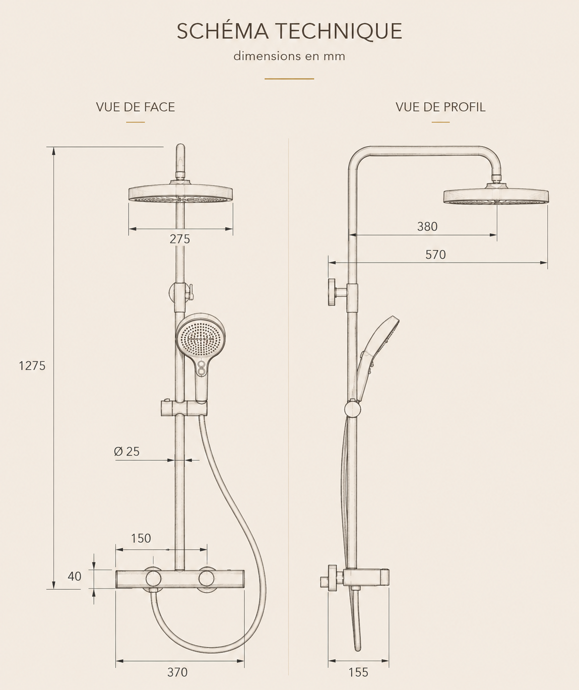 Schéma technique de la colonne de douche grise SÖREN : hauteur 1275 mm, pomme Ø275 mm, entraxe 150 mm