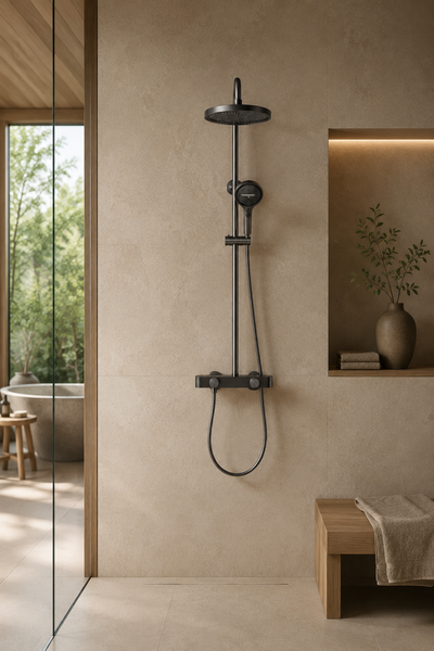 Colonne de douche grise SÖREN à tablette installée dans une salle de bain beige