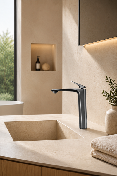 Mitigeur de lavabo NÉVOR gris brossé sur vasque à poser