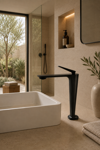 Mitigeur de lavabo NÉVOR noir sur vasque à poser