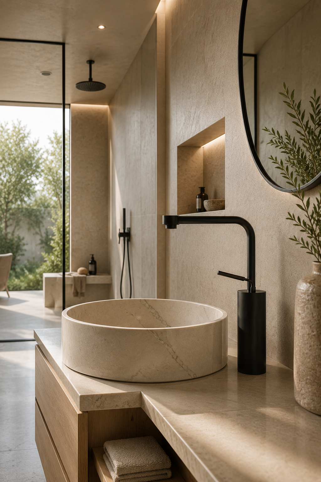 Mitigeur de lavabo ORÉA noir mat, version haute en situation