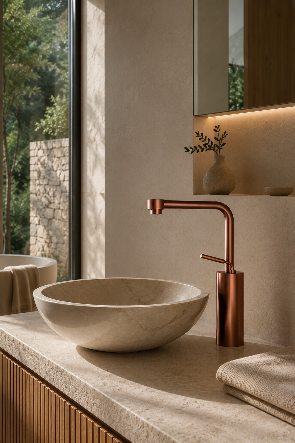 Mitigeur de lavabo ORÉA or rose brossé dans une salle de bain