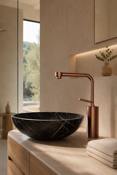 Mitigeur de lavabo ORÉA or rose brossé sur vasque noire