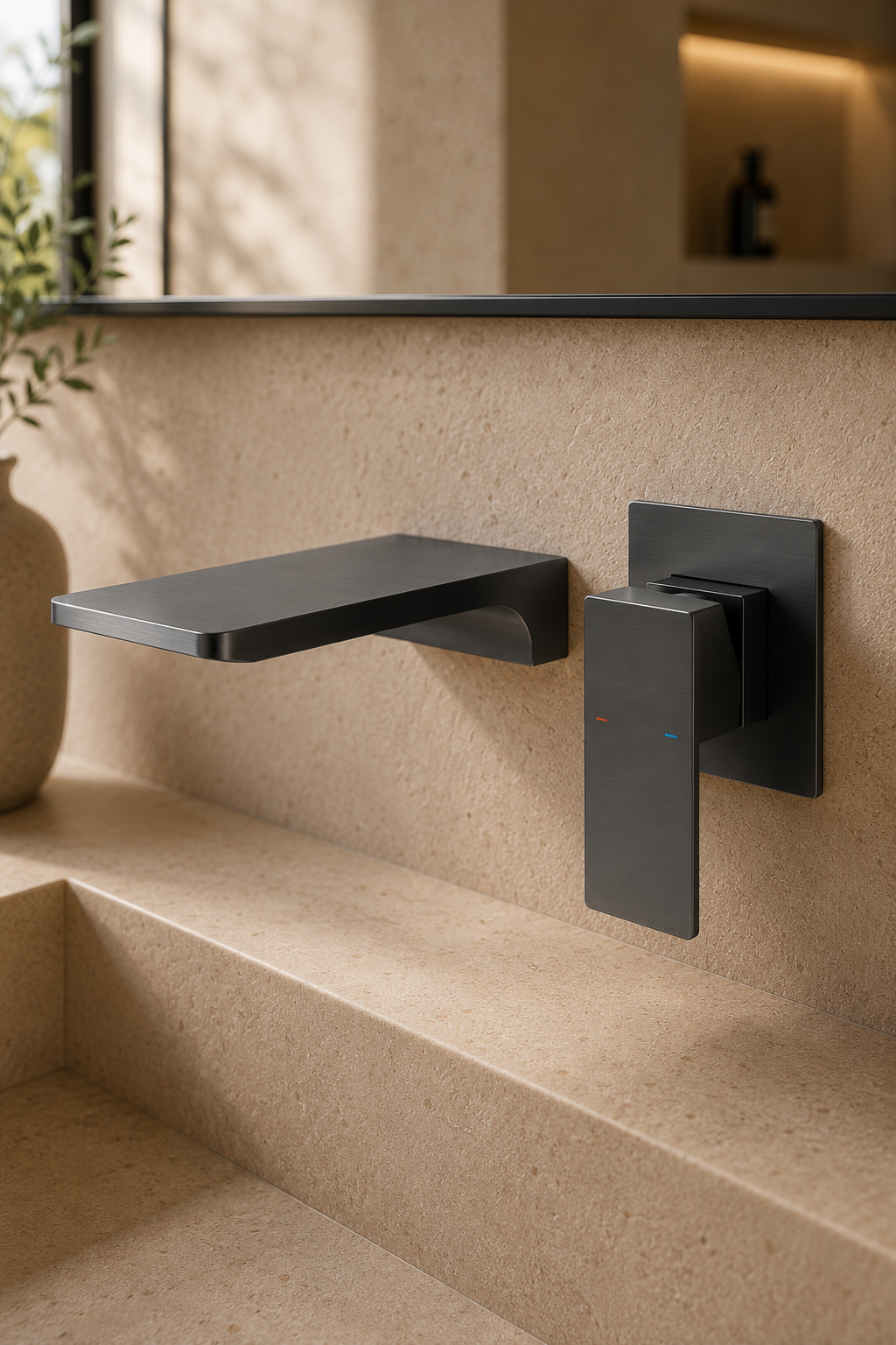 Robinet cascade lavabo gris ISÉO, détail du bec cascade