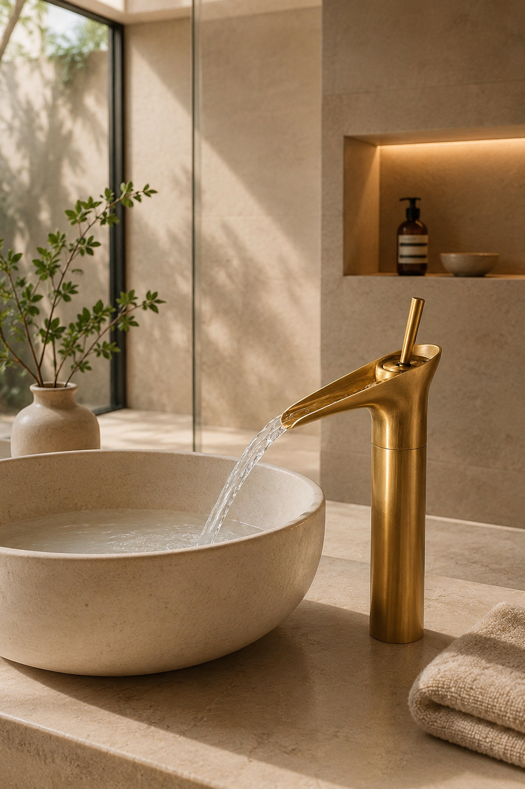 Robinet cascade lavabo laiton antique CALYA, ambiance salle de bain