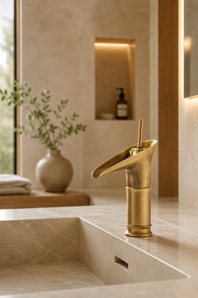 Robinet cascade lavabo laiton antique CALYA en situation sur vasque, salle de bain minimaliste