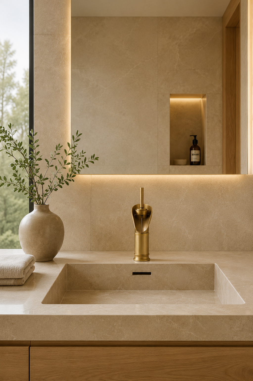 Robinet cascade lavabo laiton antique CALYA sur plan de vasque