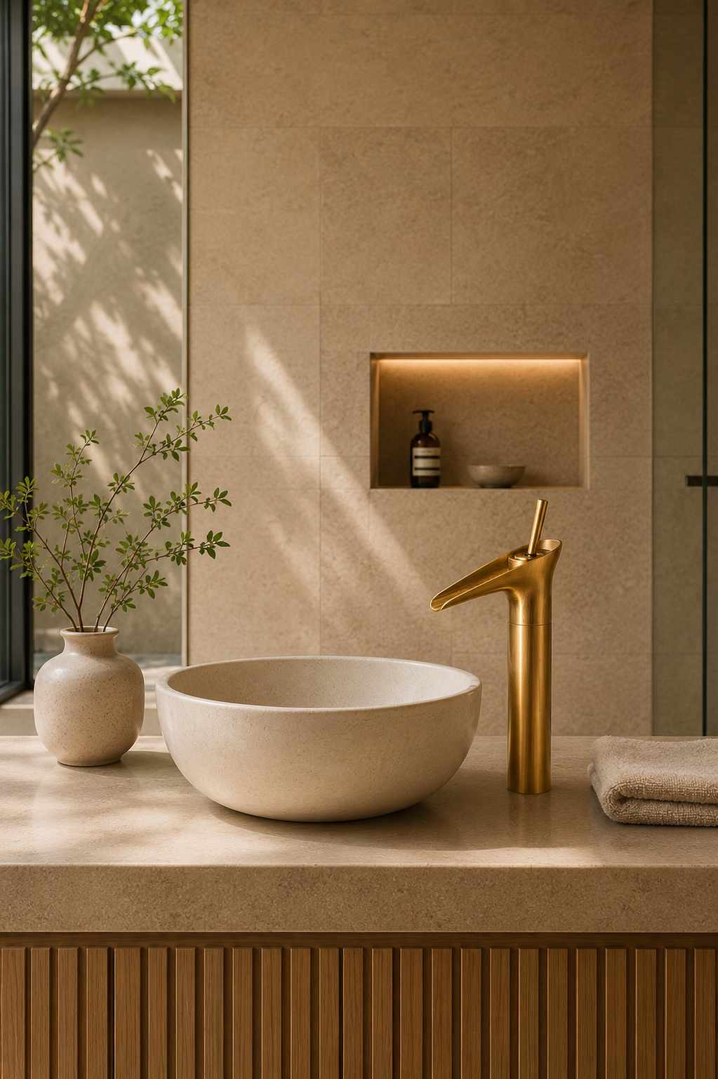 Robinet cascade lavabo laiton antique CALYA, vue rapprochée