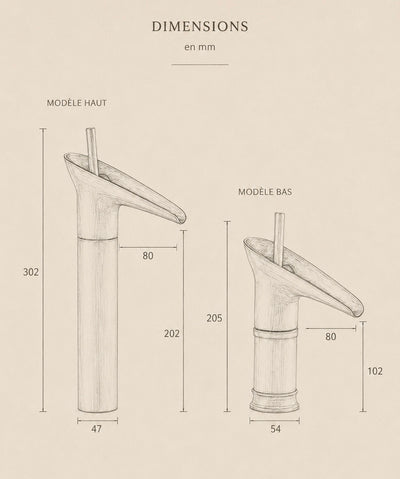 Dimensions du robinet cascade lavabo CALYA : modèle haut 302 mm, modèle bas 205 mm