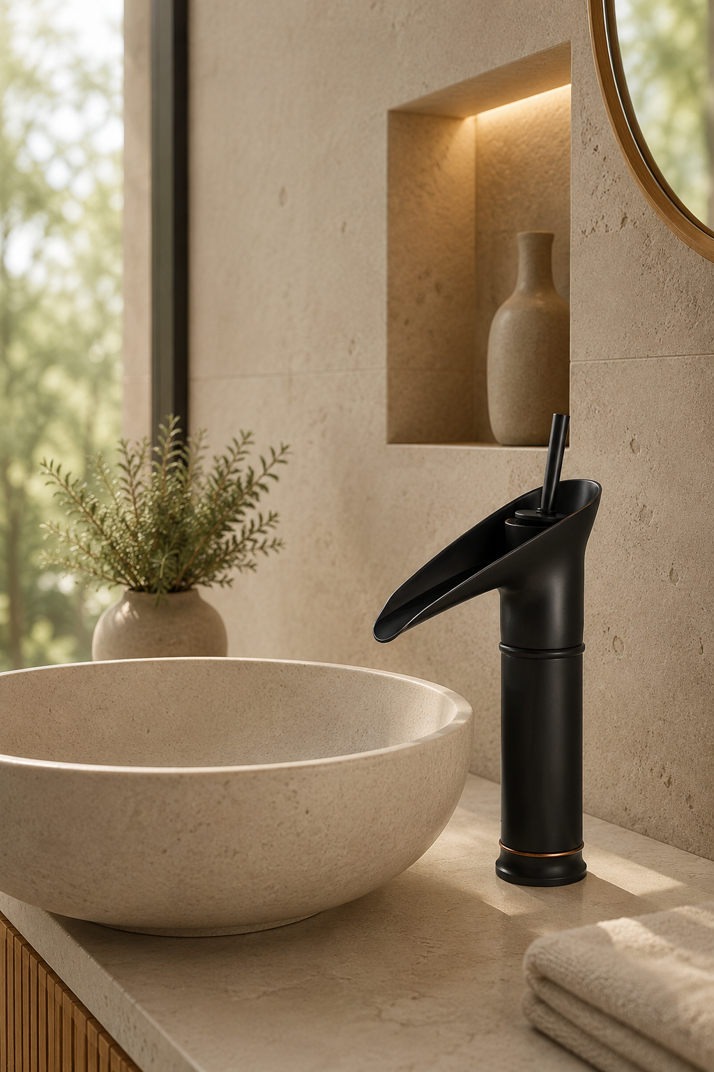 Robinet cascade lavabo noir bronze CALYA sur vasque en pierre, salle de bain minimaliste