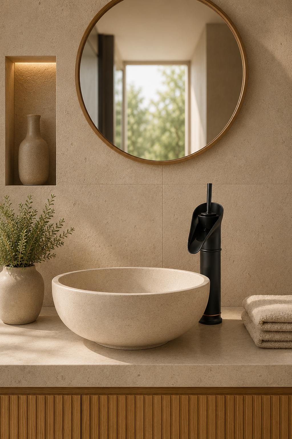 Robinet cascade lavabo noir bronze CALYA, vue de face sur vasque à poser