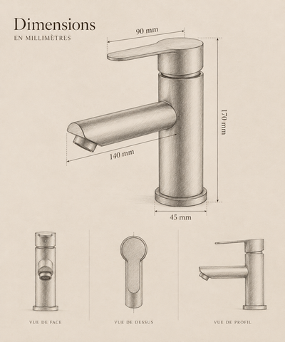 Dimensions du robinet de lavabo LUÉO en millimètres