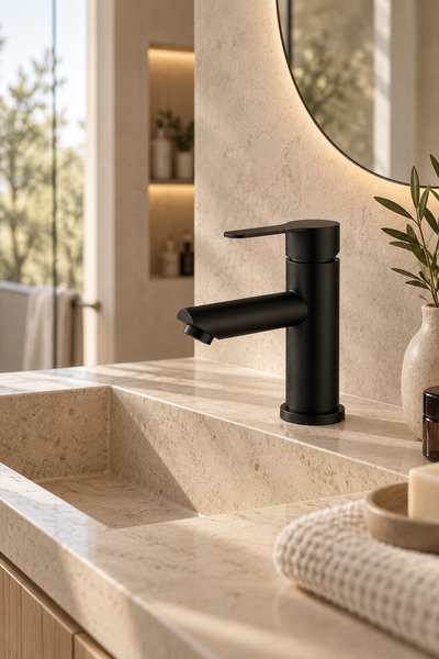 Robinet de lavabo LUÉO Noir sur plan de vasque