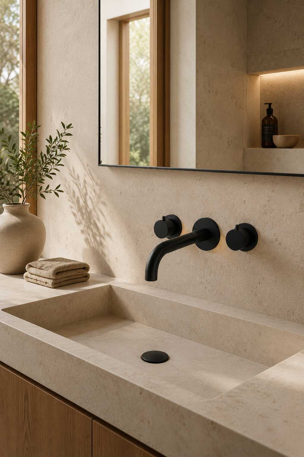 Robinet de lavabo mural noir mat OLÉA en situation, salle de bain minimaliste