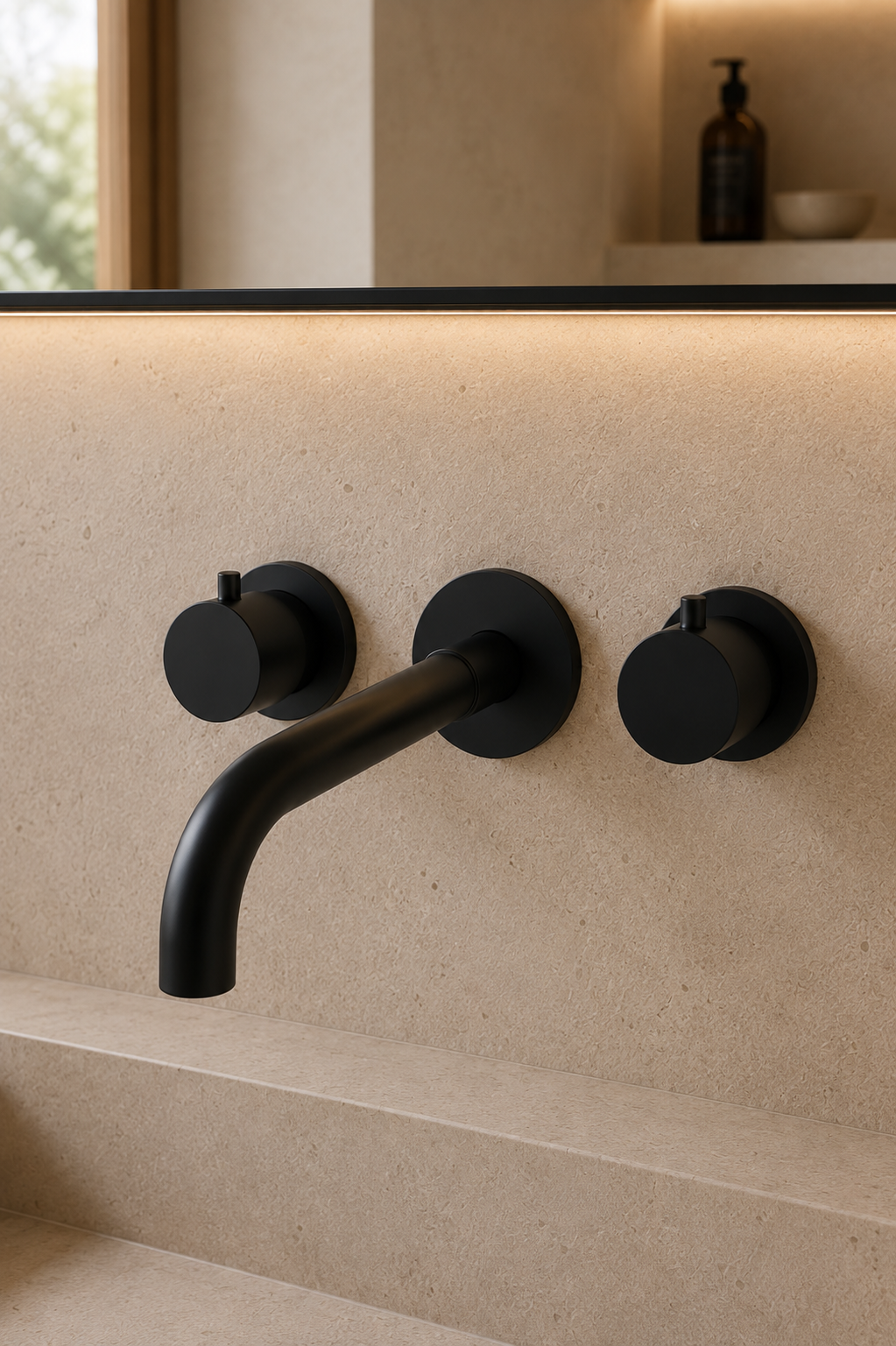Robinet de lavabo mural noir mat OLÉA, vue rapprochée du bec et des deux poignées