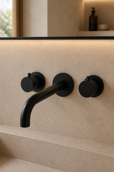 Robinet de lavabo mural noir mat OLÉA, vue rapprochée du bec et des deux poignées