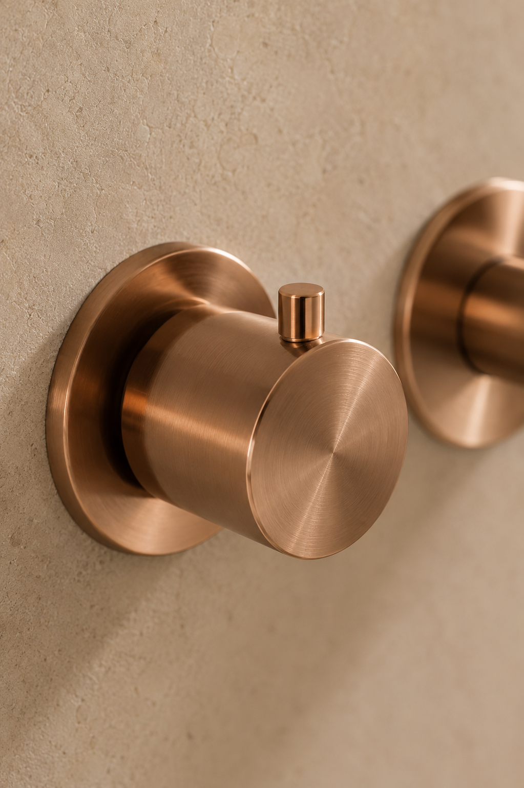 Gros plan de la finition or rosé et des poignées du robinet de lavabo mural OLÉA