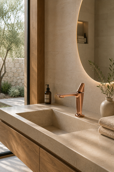 Robinet de lavabo or rosé SÉONA détail du bec spatule