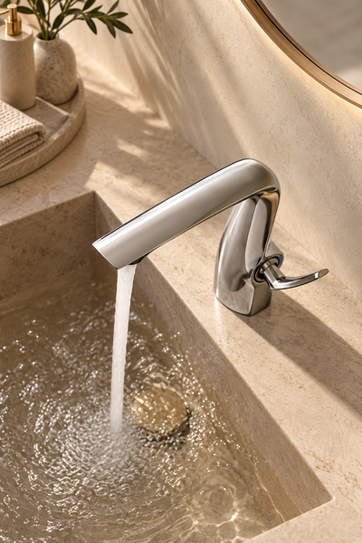 Robinet de lavabo chrome MÉLIO, détail du bec
