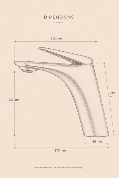 Dimensions du robinet de lavabo MÉANE : hauteur 149 mm, hauteur sous bec 132 mm, portée 170 mm
