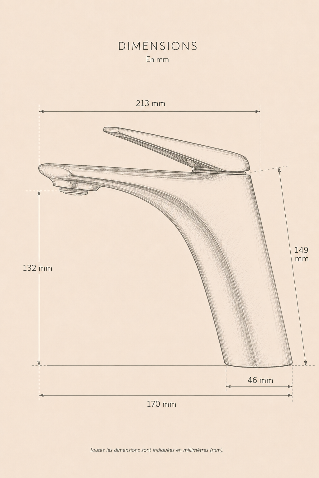 Dimensions du robinet de lavabo MÉANE : hauteur 149 mm, hauteur sous bec 132 mm, portée 170 mm