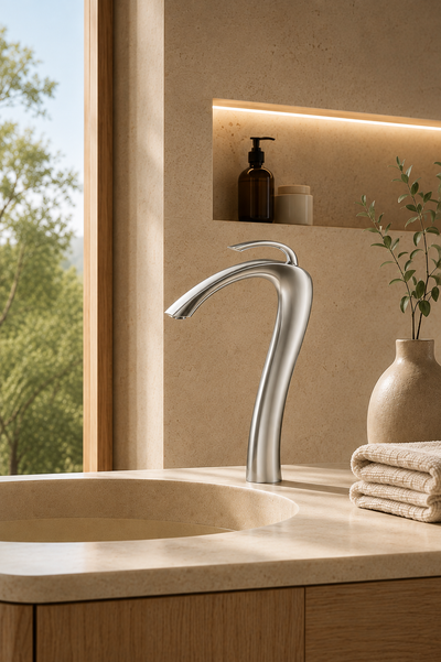 Robinet de vasque chromé LUNÉA sur vasque en pierre, salle de bain minimaliste
