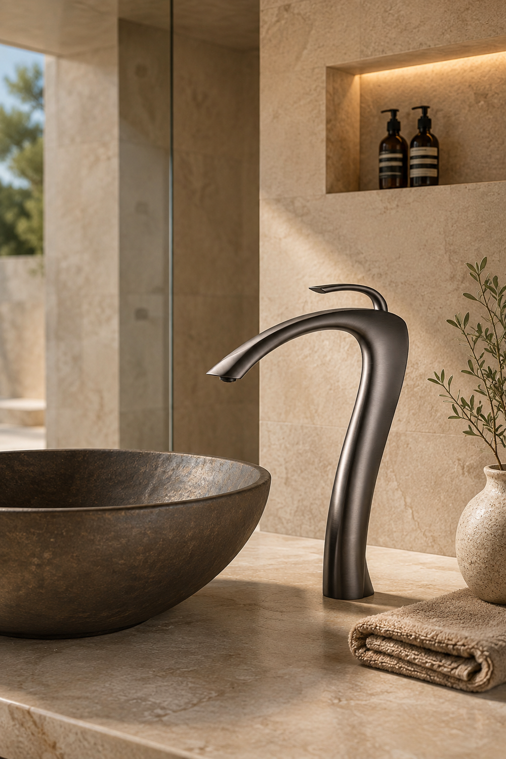 Robinet de vasque gris LUNÉA sur vasque en pierre, salle de bain minimaliste