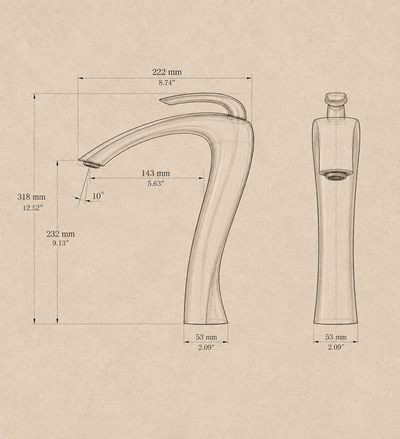 Schéma coté du robinet de vasque LUNÉA : hauteur 318 mm, projection du bec 222 mm