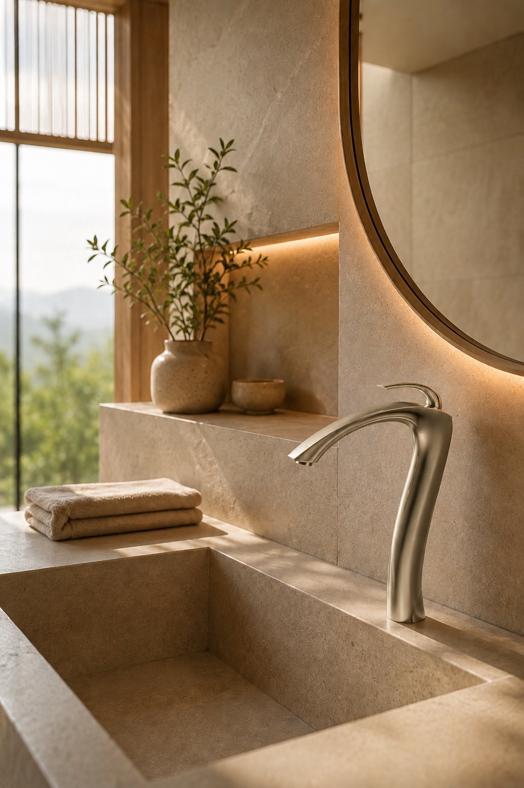 Robinet de vasque nickel brossé LUNÉA sur vasque en pierre, salle de bain minimaliste
