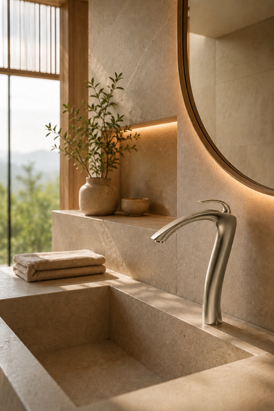 Robinet de vasque nickel brossé LUNÉA sur vasque en pierre, salle de bain minimaliste