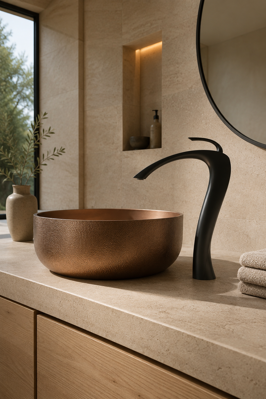 Robinet de vasque noir mat LUNÉA sur vasque en pierre, salle de bain minimaliste