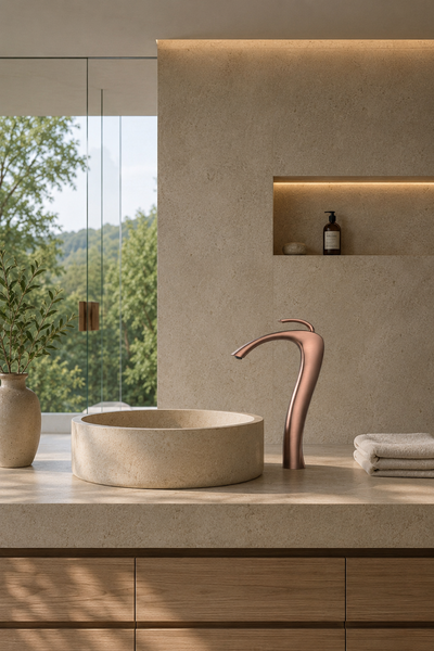 Robinet de vasque or rose brossé LUNÉA sur vasque en pierre, salle de bain minimaliste