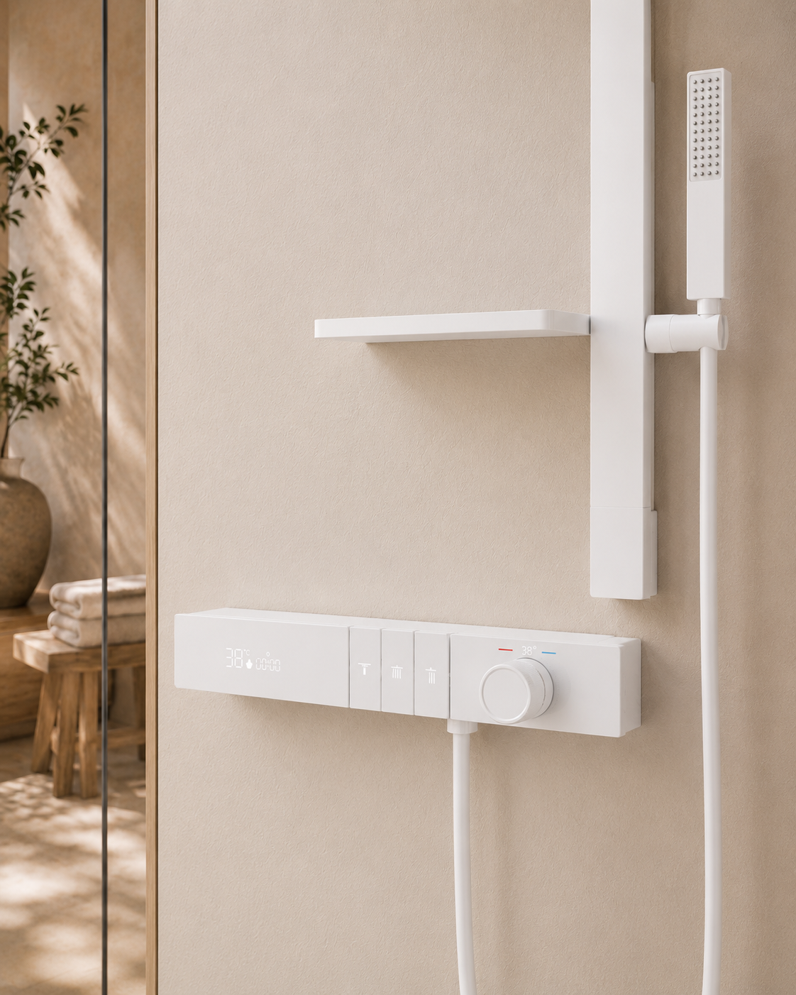 Système de douche thermostatique blanc CÉLESTE, vue rapprochée