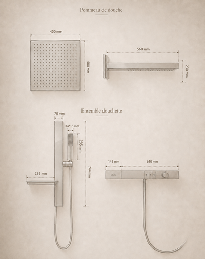 Dimensions du système de douche CÉLESTE : pommeau 400 mm, bras 560 mm, douchette, barre thermostatique 610 mm