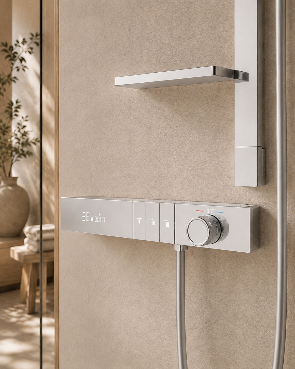 Détail du mitigeur thermostatique à écran LED du système de douche chromé CÉLESTE
