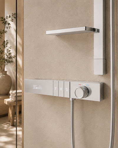 Détail du mitigeur thermostatique à écran LED du système de douche chromé CÉLESTE