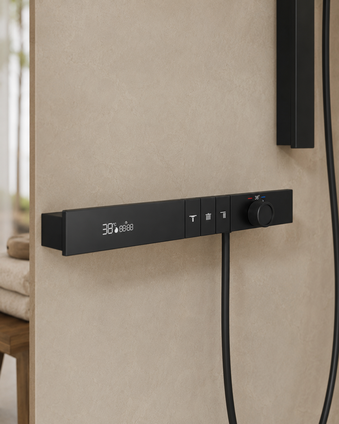 Détail du mitigeur thermostatique à écran LED du système de douche noir mat CÉLESTE